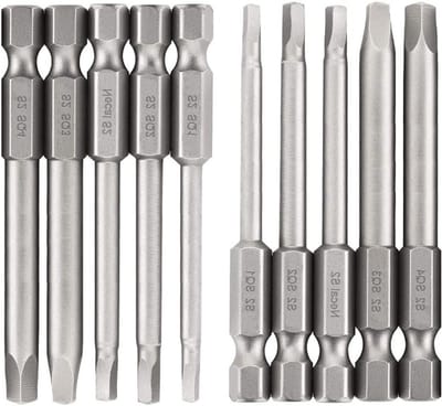 Set van 10 Magnetische Vierkante Schroevendraaier Bits met 1/4" Hexaansluiting - S2 Staal, SQ1 tot SQ4, Ideaal voor Meubelmontage en Klusprojecten