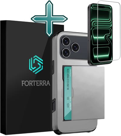 Hoesje Geschikt voor iPhone 17 Pro Pashouder Hard Case Hoes Met Screenprotector - Hoes Geschikt voor iPhone 17 Pro Hoesje Back Cover Met Pasjeshouder - Grijs
