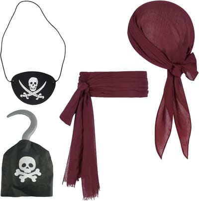 Piratenkostuum Accessoires Set van 4 - Verstelbare Piratenbandana, Ooglapje en Riem voor Halloween, Cosplay en Piratenthema Feesten voor Volwassenen en Kinderen