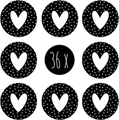 36x Stickers / Sluitstickers | HARTJE | 25 mm | rond | zwart & wit