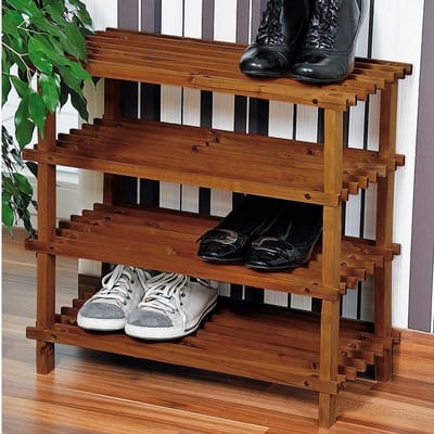 FSC® Dennenhouten Schoenenrek, 4 Verdiepingen voor 12 Paar Schoenen | Schoenenkast | Schoenen Rek | Afm. 54 x 26 x 52 Cm. | Kleur: Donker Dennenbruin
