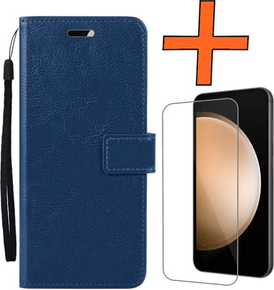 Hoes - Met Screenprotector - Geschikt voor Samsung Galaxy S23 FE - Luxe Pasjeshouder - Bookcase Portemonee - Flip Case - Kunstleer Book Case - Flipcase - Book Cover - Walletcase - PortemonneeHoes - Donkerblauw