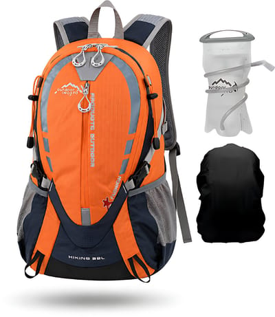 CarryQuest® - 25L Hydratatie Rugzak + 2L Waterzak & Regenhoes - Polyester Hiking Backpack met Drinksysteem, Rugventilatie, Laptopvak & Front-/Toploader - 45x30x19 cm - Oranje