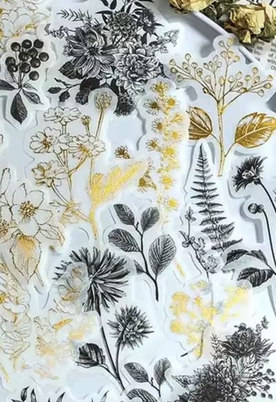 Vintage stickers - Gouden en zwarte natuur stickers - ZwartGoud Planten Bladeren - 60 Stuks - Bullet Journal Scrapbooking - Agenda Decoratie Stickers - Washi stickers - CHPN