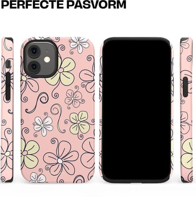 Casetastic hoesje geschikt voor Apple iPhone 12 Mini - Dubbellaagse bescherming - Pastel Perzik Doodle Peach Bloemen - Fashion Case - Zand Zilver Lichtroze