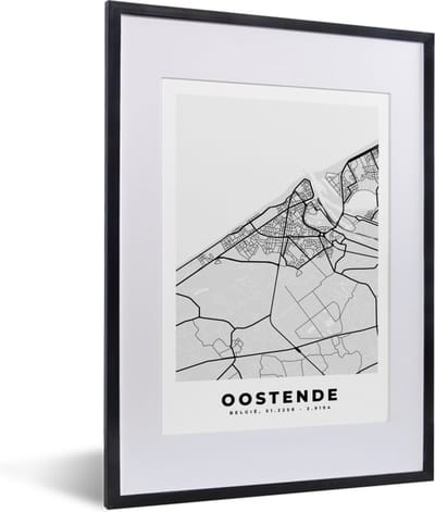 Fotolijst incl. Poster Zwart Wit- België – Oostende – Stadskaart – Kaart – Zwart Wit – Plattegrond - 30x40 cm - Posterlijst