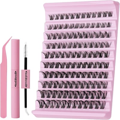 Eyelash Cluster Set voor Zelfaanbrengen, Natuurlijke Bruine Wimpers, 0.3 mm Ultra Dunne Band, 8-16 mm Mix, Inclusief Pincet en Lijm voor Bruidsmake-up en Speciale Gelegenheden