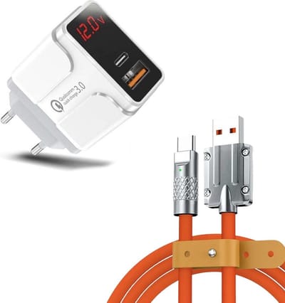 DrPhone OptiCharge C - HALO5 Charger + LSC1 USB to USB C Cable - Type-C Fast Charger & LED-display – Snellader – 1 Meter - Oranje/Wit