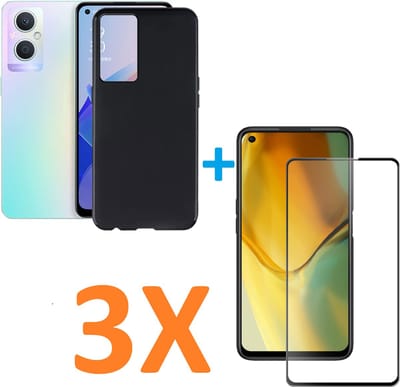 Soft TPU Zwart hoesje Silicone Case + 3 stuk Full Glas Screenprotector Geschikt voor: Oppo A96