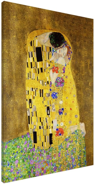 Canvas Schilderij - Gustav Klimt - The kiss 100x150 cm - Kunst Wanddecoratie Woonkamer & Slaapkamer