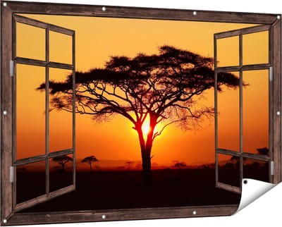 Gards Tuinposter Doorkijk Zonsondergang Achter een Savanne Boom - 150x100 cm - Tuindoek - Tuindecoratie - Wanddecoratie buiten - Tuinschilderij