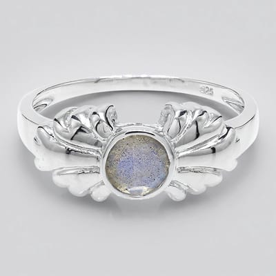 Cavill - Zilveren ring met 0,41 ct spectroliet uit Roemenië - 925 Sterling zilver - Ronde edelsteen, elegant bladmotief, maat 17
