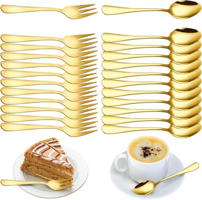 Set van 24 Gouden Koffielepels en Dessertvorken – Roestvrij Staal, Vaatwasserbestendig, Ideaal voor Feestdagen, Bruiloften en Verjaardagen