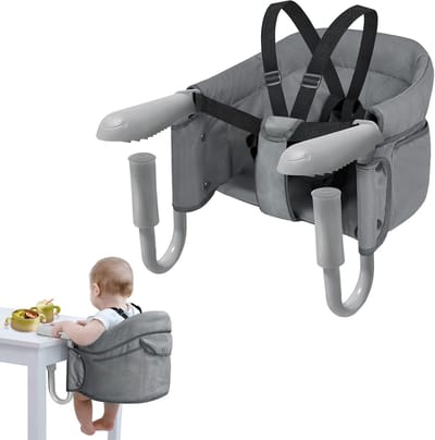 Opvouwbare Kinderstoel voor Baby's - Ergonomische Tafelstoel met Veiligheidsgordel en Antislipclips (Grijs)