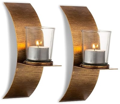 Wandkandelaar set goud brons – 2 stuks metalen kaarsenhouder met glas voor theelicht, vintage wanddecoratie voor woonkamer, slaapkamer, open haard