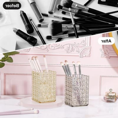 Make-up borstelhouder organizer van acryl met diamant gestreepte design voor badkamer en bureauopslag, multifunctionele beker voor make-up en tandenborstels