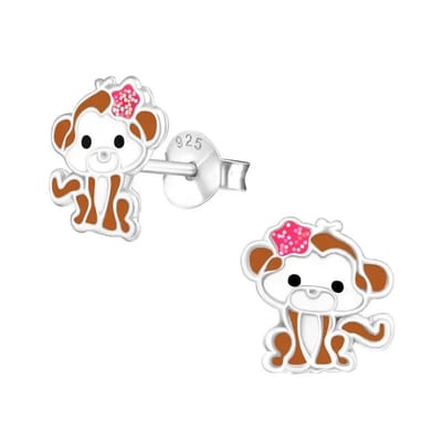 Aramat Jewels | Oorbellen | Zilveren Kinder Oorbellen Aapjes | Aap roze bloem-9mm | |10mm | Zilver | Kinderen | Verkleurd niet