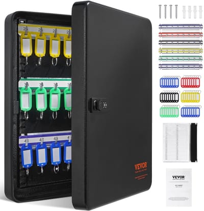 Cherrys Finds - Sleutelkast Metaal Afsluitbaar 48 Haken - Key Kast - Key Lock Box - Verstelbare Rekken - Inclusief Sleutelhanger - Sleutelkastje Met Code - Zwart