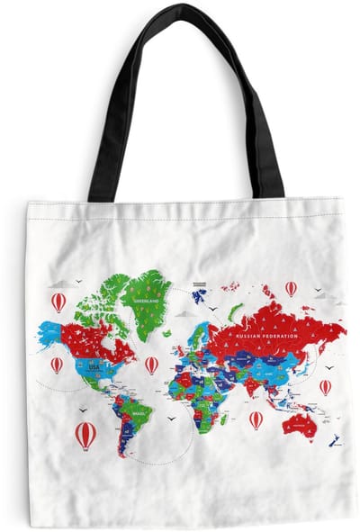 MuchoWow® Schoudertas - Strandtas - Big Shopper - Boodschappentas - Wereldkaart - Kleuren - Luchtballon - 40x40 cm - Katoenen tas