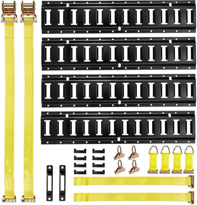E-Track Vastzetrails Set, 4-Pack 0.6 m Rails, Inclusief 2 Ratelschroefbanden, 4 O-Ringen, 4 Vastzetpunten Met D-Ring, 2 Enkele Sleuven en 8 Eindkappen, Geschikt voor Garages, Vans en Aanhangwagens