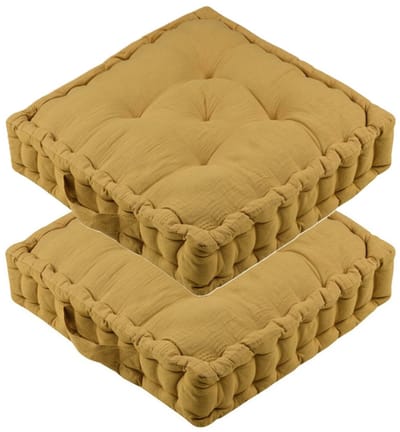 Stof Textile Vloerkussen Maxime - 2x - okergeel - katoen - 45 x 45 x 10 cm - vierkant - Extra dik - extra zitplaatsen - spelen - gamen - relaxen