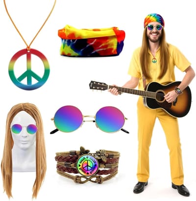 Set van 5 Hippie Accessoires voor Mannen - Hippie Perucque, Kostuumaccessoires en Carnaval Outfit voor Themafeesten, Halloween en Cosplay in de Stijl van de Jaren '60 en '70