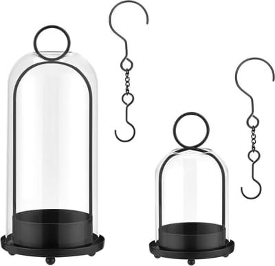 Kaarsenhouder Set - Lantaarns Kandelaars - Huis Decoratie - Handgemaakt Metaal Glas - 13 cm en 11 cm - Zwart