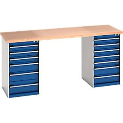 Bott Cubio werkbanken, beuken multiplex blad, B 2000 x D 750 x H 940 mm, tot 1500 kg, 13 laden, lichtgrijs/antracietgrijs
