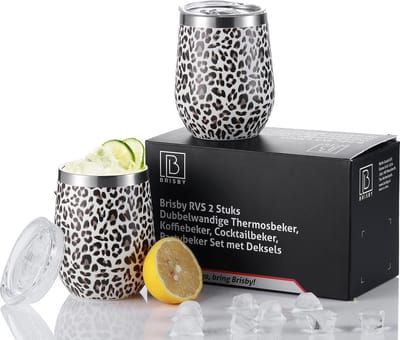 Brisby RVS 2 Stuks Dubbelwandige Design Thermosbeker, Partybeker Set met Deksels – Leo