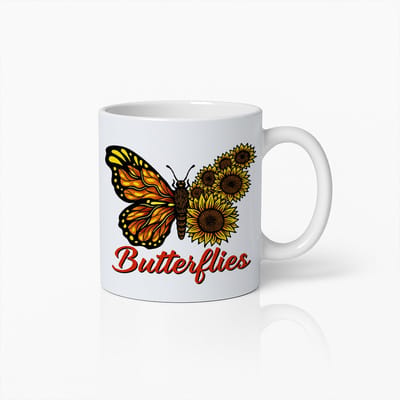 Butterflies Mok 330 ml – Witte Zonnebloem & Monarch Vlinder Bloemen Design