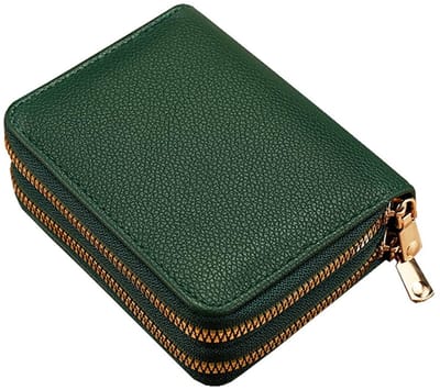 Portemonnee - Pasjeshouder - Dubbele rits - Meerdere vakken - Imitatieleer - PU leder - Money wallet - Papier en muntgeld - Contant geld opbergen - Groen - Gouden afwerking - 11x8 cm - Jonyx