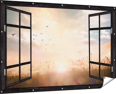 Gards Tuinposter Doorkijk Silhouet Vogels tijdens Zonsopkomst - 180x120 cm - Tuindoek - Tuindecoratie - Wanddecoratie buiten - Tuinschilderij