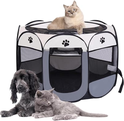 Daity Opvouwbare speelren-tent voor huisdieren — Draagbare pop-up kennel voor katten en honden — Activiteitenren voor puppy's (binnen en buiten) met ademende gaasvensters en deur met ritssluiting (Grijs, Maat S)