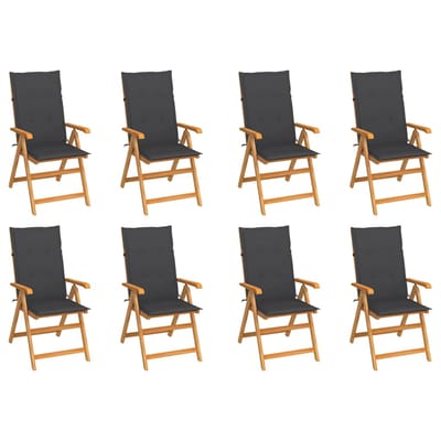 vidaXL - Verstelbare - klapstoelen - met - kussens, - 8 - stuks, - massief - teakhout