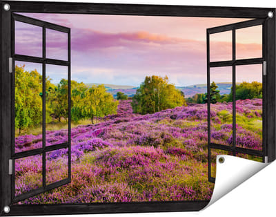 Gards Tuinposter Doorkijk Paarse Weide - 90x60 cm - Tuindoek - Tuindecoratie - Wanddecoratie buiten - Tuinschilderij