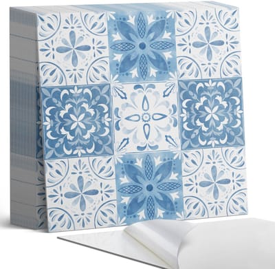 Coloray Plaktegels - Bloemenpatroon in tegels Zelfklevende Tegels - 20 cm x 20 cm - Blauw Plaktegels - 20 stuks - Vierkant PVC Tegels - Plaktegels Badkamer - Plaktegels Vloer - Vinyltegels Vloer Zelfklevend - Wandtegel Zelfklevend