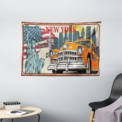 ABAKUHAUS New York Taxi Tapijt, NY City Vintage Board, Woonkamer Slaapkamer Wanddoek Zijdezacht Satijn Wandtapijt, 150 x 100 cm, Eierschaal en Meerkleurig