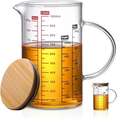 1L maatbeker van glas: maatbeker met handvat en deksel, borosilicaatglas, hittebestendige glazen beker, melkdoseerbeker voor sapdeksel