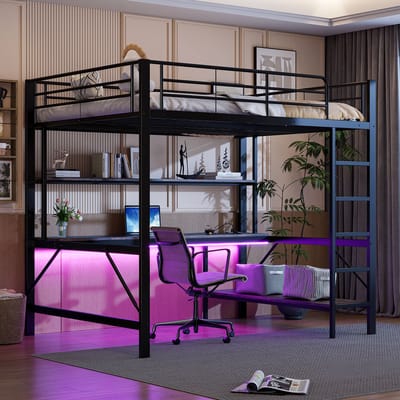 Hoogslaper - 140x200 cm - trapladder - met USB en stopcontact - met LED-verlichting - bureau - zonder matras - zwart