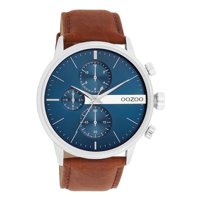 OOZOO Timepieces - Zilverkleurige OOZOO horloge met bruine leren band - C11221