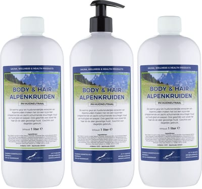 Body & Hair Alpenkruiden - 1 liter - set van 3 stuks - met gratis pomp - 2 in 1 voor lichaam en haar.