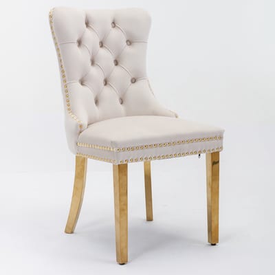 A&A Furniture, Nikki Collection Moderne, hoogwaardige gestoffeerde eetkamerstoel van massief hout met fluwelen bekleding, gouden roestvrijstalen poten en siernagels, set van 2, beige en goud, DE1601BG