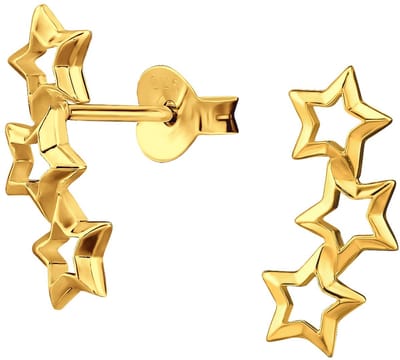 Joy|S - Zilveren ster oorbellen - 3 sterren - 5.3 x 13.9 mm - oorknoppen - gold plated