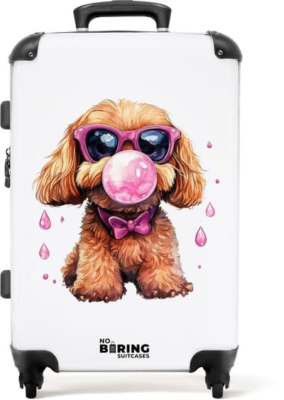 NoBoringSuitcases.com® - Kinderkoffer meisje - Kindertrolley meisjes - Bruine hond met roze bril en kauwgombal - Koffer kind groot - Rolkoffer lichtgewicht - Reiskoffer met 4 wielen - Grote trolley XL - 20 kg bagage