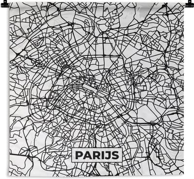 Wandkleed - Wanddoek - Stadskaart - Parijs - Zwart Wit - Plattegrond - Kaart - 180x180 cm - Wandtapijt