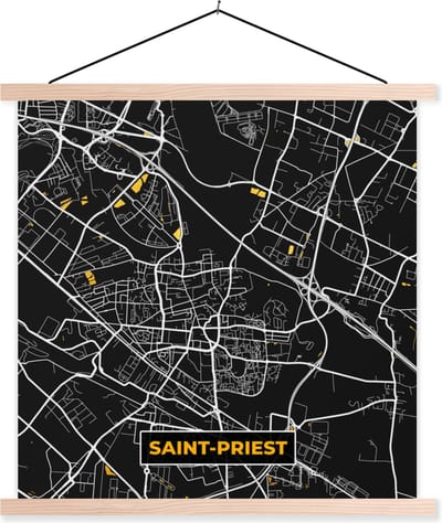 Posterhanger incl. Poster 40x40 cm - Schoolplaat - Plattegrond - Kaart - Saint-Priest - Frankrijk - Stadskaart - Textielposter - Blanke latten - Stadskaart