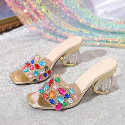 Liyke Nieuwe Mode Gemengde Kleur Edelsteen Diamanten Dames Vreemde Transparante Hakken Pantoffel Zomer Sandaal Sexy Vierkante Neus Jurk Schoen 36