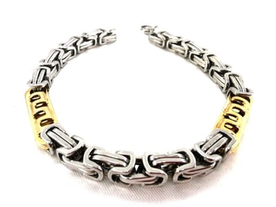 Armband - Heren - RVS - Bi-color - Vierkant - Koningsschakel - met goudkleurig langere schakel - L 22 cm - Breedte 8 mm
