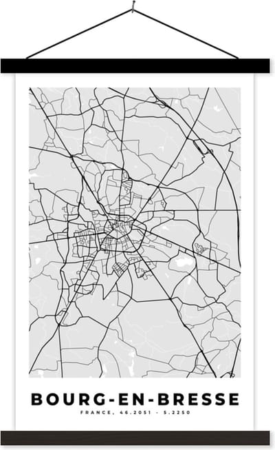 Posterhanger incl. Poster 40x60 cm - Schoolplaat - Bourg-en-Bresse – Plattegrond – Frankrijk – Kaart – Stadskaart - Textielposter - Zwarte latten - Stadskaart