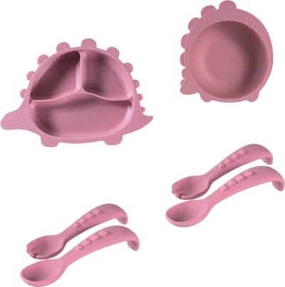 Sproudsy Serviesset Dino - Kinderservies - Kraamcadeau - Baby - 4-delig - Hot Pink